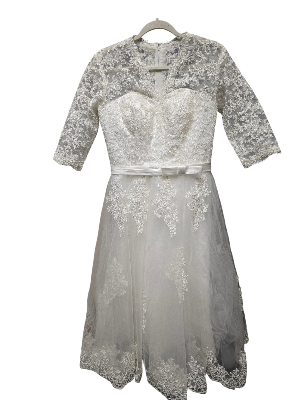 Abaowedding V Neck Lace Tea Length Wedding Dress with Quarter Sleeve Sz.10